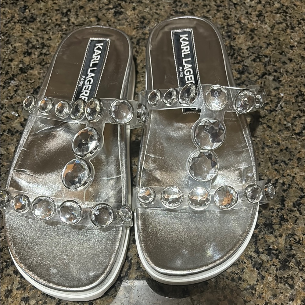 Karl Lagerfeld Silver Sandals with Crystal Accents